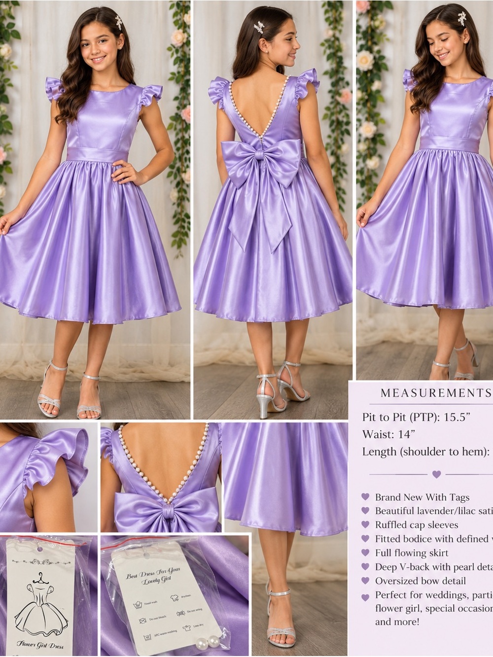 Girls Size 14 Lavender Satin Formal Flower Girl Dress Pearl Bow NWT
